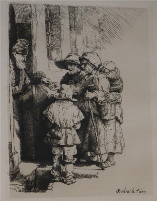 After Rembrandt, etching, beggars at the door of a house, Goldmark Gallery label verso 16 x 12.5cm